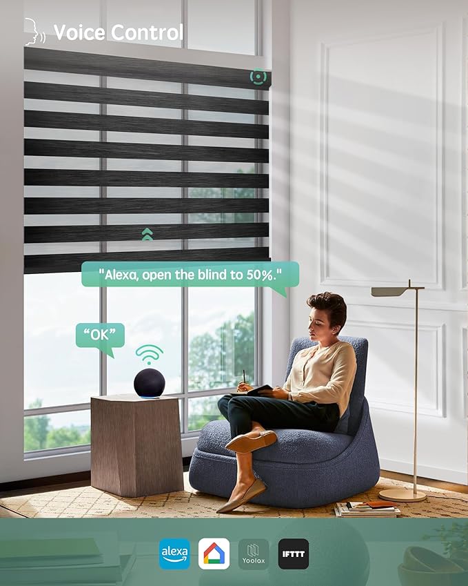 Yoolax Motorized Zebra Blinds Works with Alexa, Motorized Blinds with Remote Custom Size, Privacy Electric Zebra Shades for Windows (95% Shading Carbon Black)