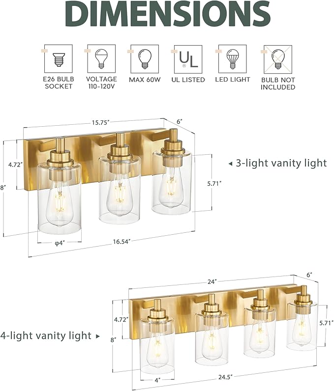 METWET 3-Light Bathroom Light Fixtures, Brushed Gold Vanity Light with Cylinder Clear Glass Shade, Modern Vanity Lighting Fixtures Over Mirror, VL143-BG-3