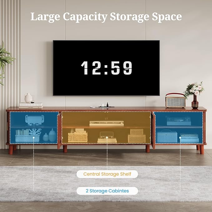 UPOSOJA TV Stand with Fluted Sliding Doors & Adjustable Shelves, Charging Station,RGB LED Lights,Media Console, 67 Inches, with Wire Management, for TVs up to 75 Inches