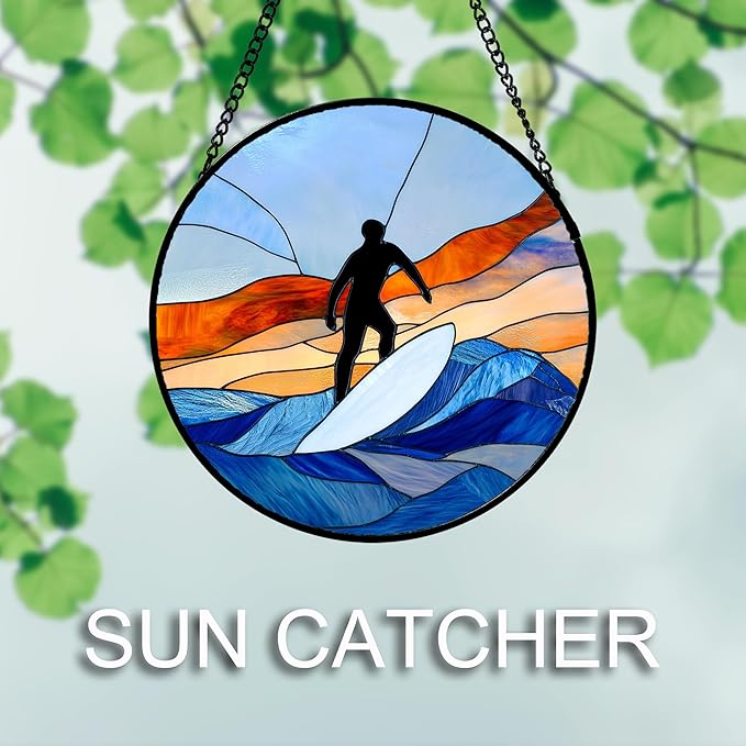 AMDERVEN Stained Glass Window Hanging 4 Pcs Set Blue Ocean Surfing Beach Large 11.8" - Suncatcher Door Garden Sun Catcher Decor Birthday Mother's Day for Firefighte Men Woman Nana Mom