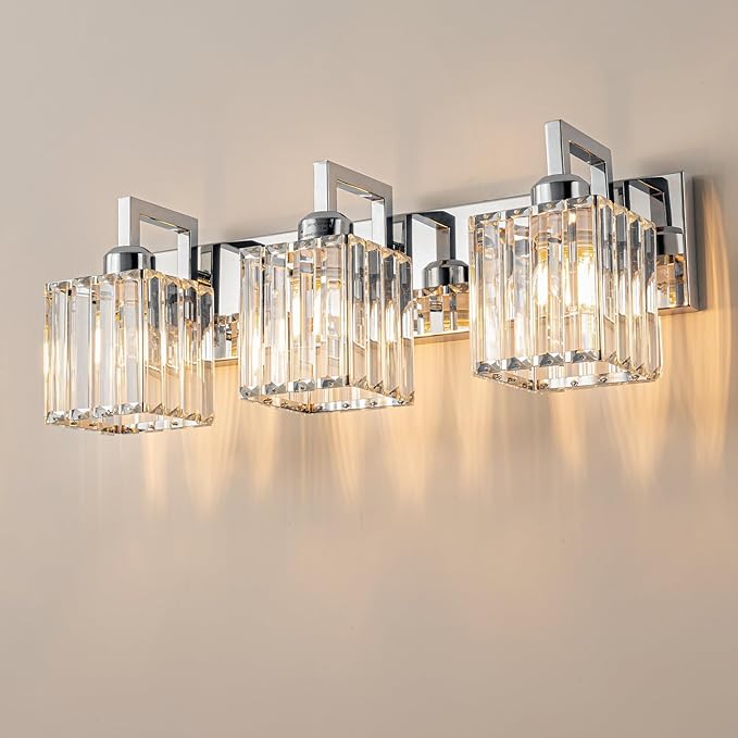 FDPBY Modern Bathroom Vanity Light 3-Lights Chrome Crystal Wall Lamp Bathroom Modern Crystal Vanity Lighting
