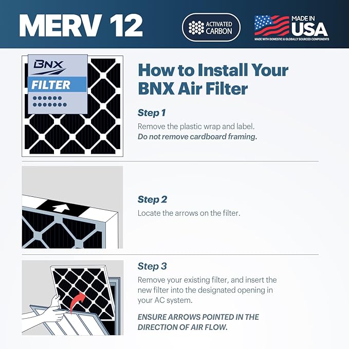 BNX TruFilter 14x24x1 MERV 12 Odor Defense (2-Pack) AC Furnace Air Filter with Activated Carbon - MADE IN USA - Pleated Air Conditioner HVAC AC Furnace Filters - Removes Odor, Mold, Bacteria, Smoke