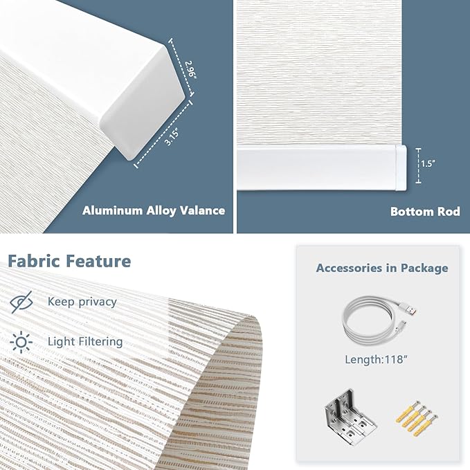 COOLWINDS Motorized Blinds with Remote Cordless Automatic Motorized Shades Custom Blinds for Windows Smart Curtains Compatible with Alexa Google Home(Light Filtering Jacquard Beige,W33 x H72in)