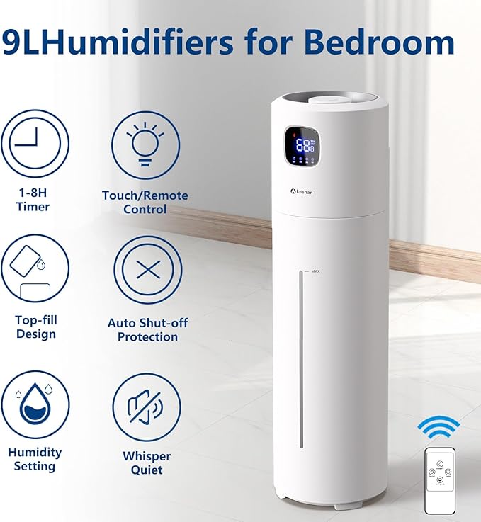 Akeshan Large Humidifiers for Bedroom, 9L/2.5Gal Ultrasonic Cool Mist, Top Fill Easy Clean with 350ML/H Mist Speed, Quiet, Suitable for Kids Room Plant Yoga Office Study Room Living (White, Round)
