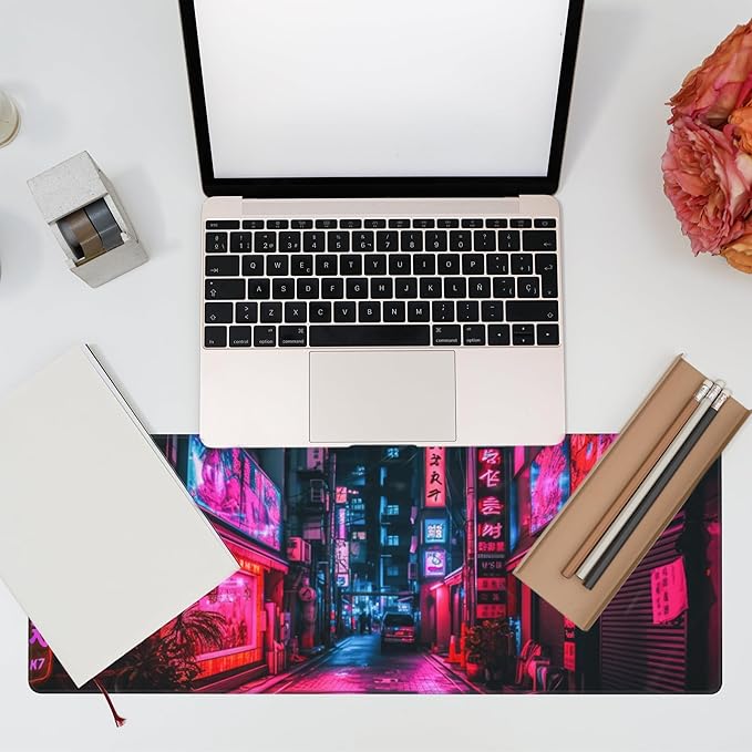 Eflxamz Desk Mat,Japanese Anime Neon Street Desk Pad,Anime City Large Gaming Mouse Pad for Desk,Extended Big Computer Keyboard Mouse Pad with Non-Slip Base and Stitched Edge,31.5"x11.8"