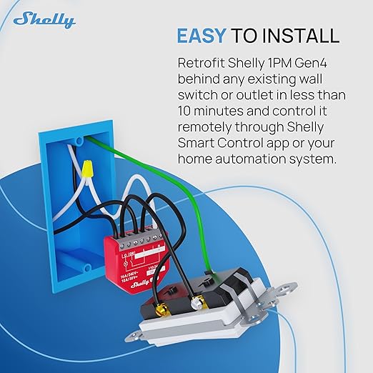 Shelly 1PM Gen4 | Wi-Fi, Zigbee, Matter Smart Relay Switch with Power Metering, 1-Channel 16A | Home Automation | Alexa, SmartThings, Google Home, Apple HomeKit Compatible | iOS Android App (4 Pack)