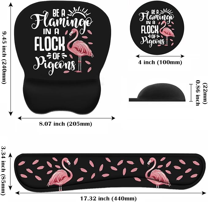 Mouse Pad Wrist Support and Keyboard Wrist Rest Set with Coasters, Inspirational Quote Be a Flamingo in a Flock Pigeons with Non-Slip PU Base Ergonomic Mousepad for Computer Laptop Home Office