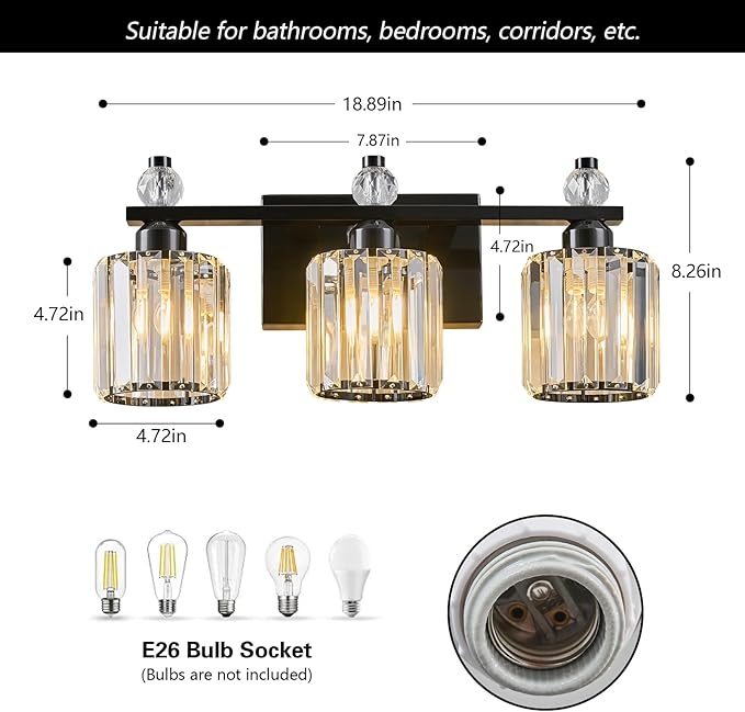 FDPBY Bathroom Vanity Lights 3-Light Plating Black Modern Crystal Vanity Light Fixtures Over Mirror Crystal Bathroom Vanity Lighting Fixtures