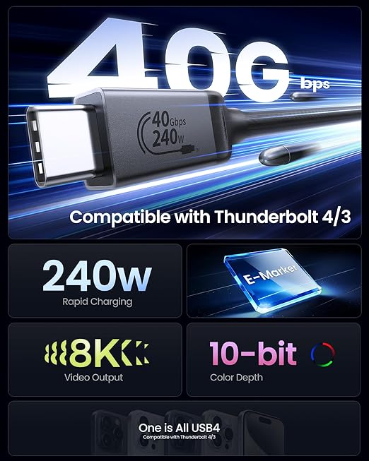 Silkland USB4 for Thunderbolt 4 Cable 1.6FT, 40Gbps Data Transfer, 240W, 8K@60Hz, Short Thunderbolt Cable 0.5M, USB C Data Cable Compatible with Thunderbolt 3, SSD, Hub, Dock, iPhone 17,MacBook, eGPU