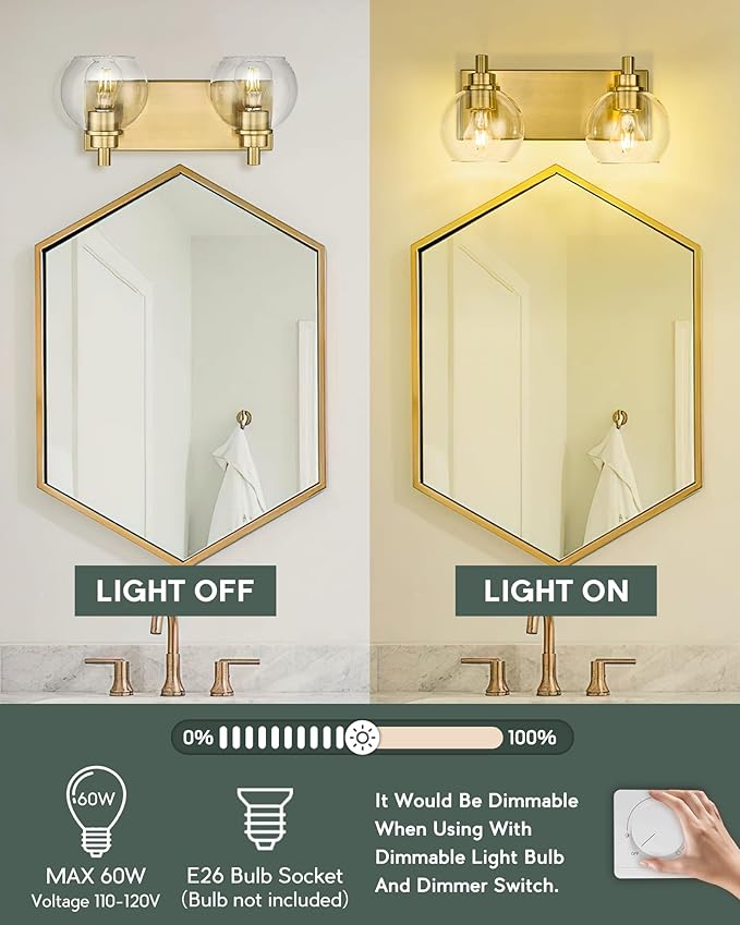 METWET Bathroom Light Fixtures, 2 Light Brushed Gold Vanity Light, Modern Wall Sconces with Clear Glass Globe Shade, Bathroom Wall Lights Over Mirror Kitchen Bedroom Hallway, VL195-GD-2