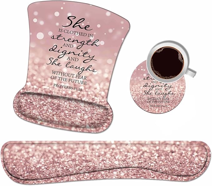 Ergonomic Mouse Pad Wrist Support and Keyboard Wrist Rest Set with Coasters, Non-Slip PU Base, Easy Typing and Relieve Wrist Pain, Perfect for Home Office Working Studying, Bible Verses Proverbs 31:25
