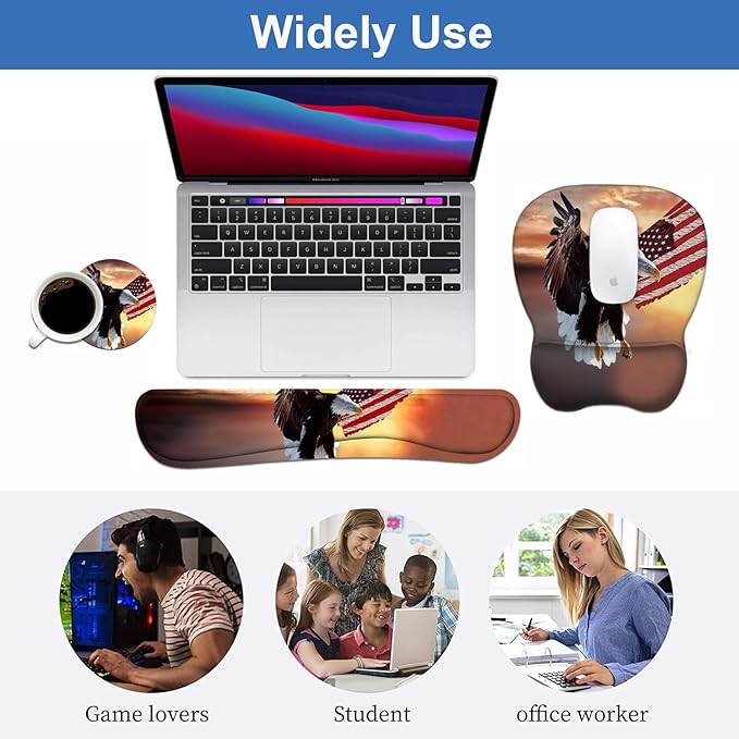 Ergonomic Mouse Pad Wrist Support and Keyboard Wrist Rest Set with Coasters, Non-Slip PU Base, Easy Typing & Pain Relief, Perfect for Home Office Working Studying, Patriotic American Flag Bald Eagle