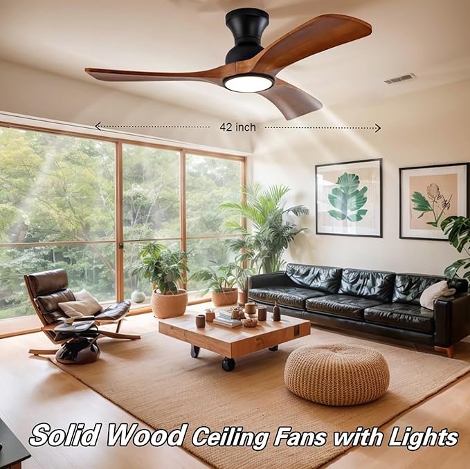 Gaizw 42 Inch Low Profile Ceiling Fans with Lights and Remote, Flush Mount Ceiling Fan with Lights, 3 Blades Solid Wood Walnut Hugger Easy Installation for Living Room, Bedroom, Farmhouse, Indoor