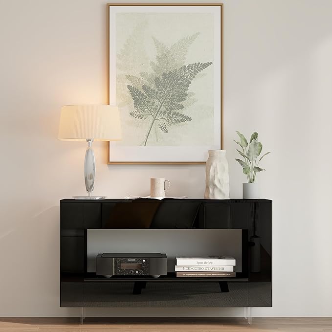 Vavkorkula High Gloss TV Stand for 55 Inch with 2 Large Drawers & Hidden Storage Cabinets, Modern Entertainment Center Television Stands for Living Room Bedroom, Black