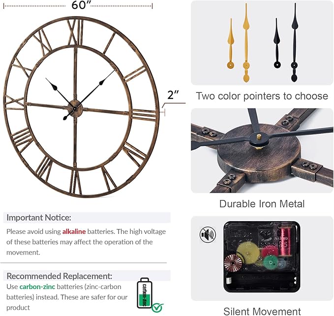 Ohweog Large Wall Clock for Living Room Decor – 60 Inch Silent Non-Ticking Modern Farmhouse Wall Clock, Oversized Decorative Metal Roman Numeral Clock (Bronze, 60 Inch)