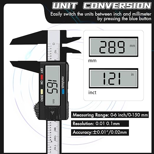 Simhevn Electronic Digital Calipers, inch and Millimeter Conversion,LCD Screen displays 0-6" Caliper Measuring Tool, Automatic Shutdown, Suitable for DIY/Jewelry Measurement (New150mm Black Plastic)
