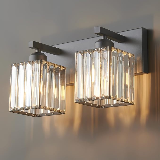 FDPBY Modern Bathroom Vanity Light 2-Lights Black Crystal Bathroom Wall Light Vanity Light Fixtures，12.59-inch Modern Minimalist Design