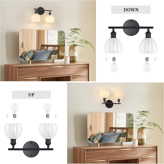 Shenmoyl Bathroom Light Fixtures, 2-Light Black Vanity Wall Light Over Mirror with White Tulip Glass Shade for Bedroom Living Room (Bulb Not Included)