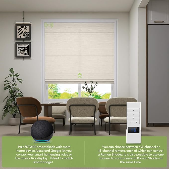 ZSTARR Smart Roman Shades Rechargeable Motorized Blinds with Remote Light Filtering Roman Window Shades Plain Fold Soft for Doors Bedroom, Custom Size (Light Beige)