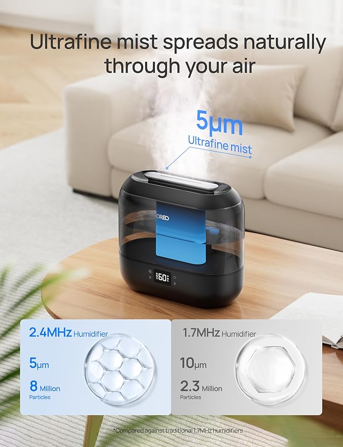 DREO Smart Humidifiers for Bedroom, Top Fill 4L Supersized Humidifier Large Room with 28 dB, 36H Runtime, Touch/APP/Voice Control, Nightlight, Cool Mist Humidifiers for Baby, Plants, Indoor, Ebony