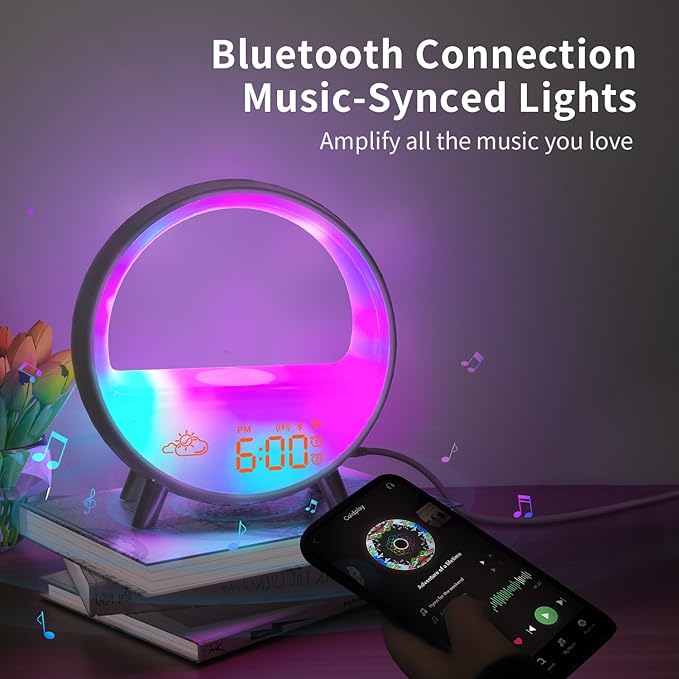 MOMILLA Smart Sunrise Alarm Clock with Wireless Charging, Wake up Light w/Bluetooth Speaker, Compatible with Airpods/iPhone, APP Control White Noise Sound Machine, Alarm Clocks for Bedrooms Adults