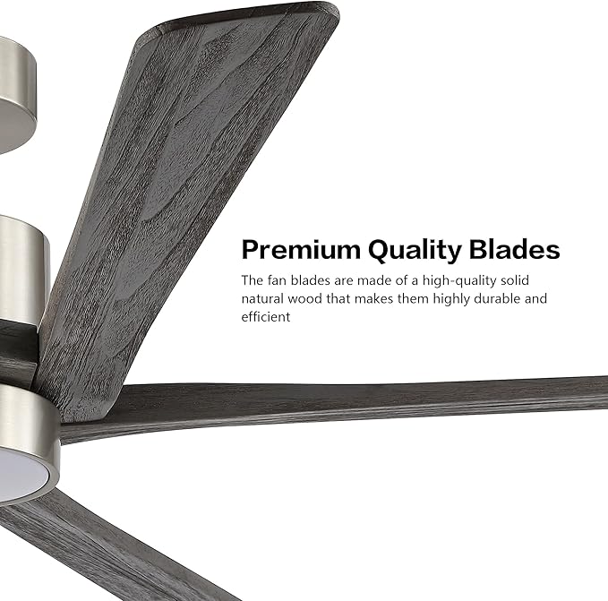 WINGBO 64 Inch DC Ceiling Fan with Lights and Remote Control, 5 Reversible Carved Wood Blades, 6-Speed Noiseless DC Motor, Modern Ceiling Fan in Brushed Nickel Finish with Gray Blades, ETL Listed