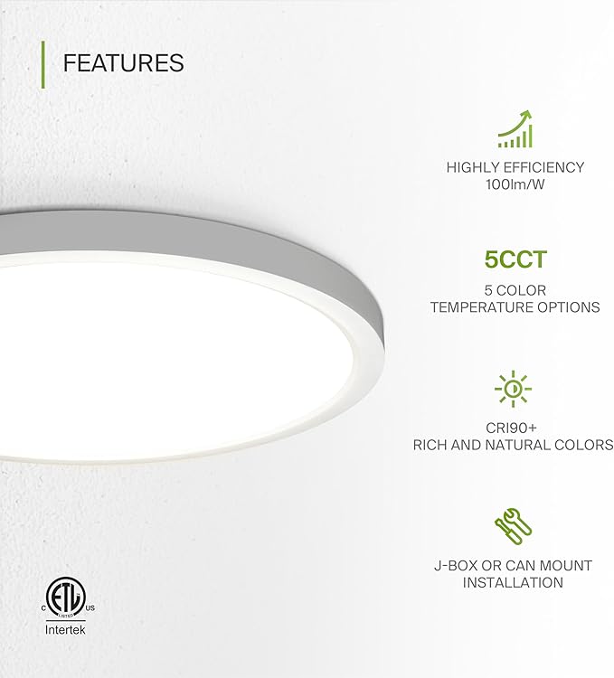 ASD LED 12" Round Flush Mount Ceiling Light Fixture, Low Profile Surface Lighting | 5CCT, Dimmable, Ultra-Thin, ETL Listed | 24W 2000LM 2700-6000K 100-277V | Kitchen, Hallway Lamp | White, 4 Pack