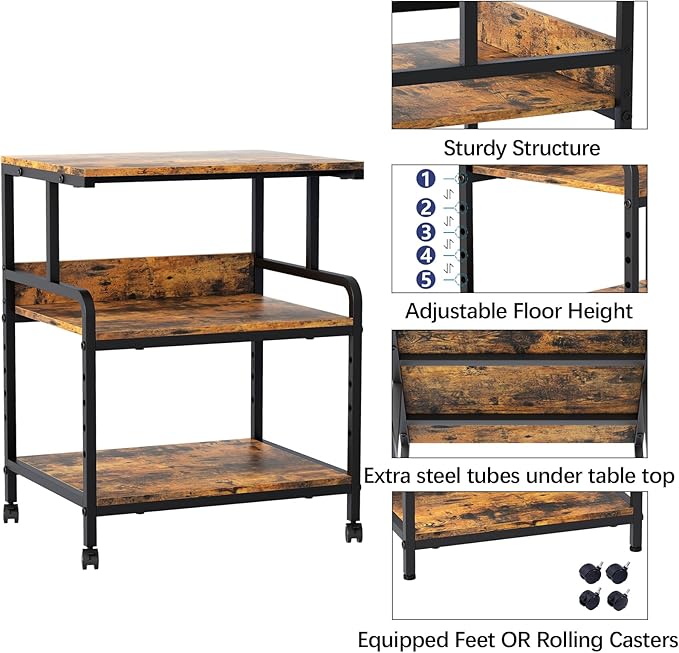 Arbuxzuy Large Printer Stand with Storage Shelf, 23.6" W x 18.9" D Printer Cart with Wheels, 3 Tier Mobile Printer Table for Home Office,Stands for Heat Press Scanner Fax (Brown)