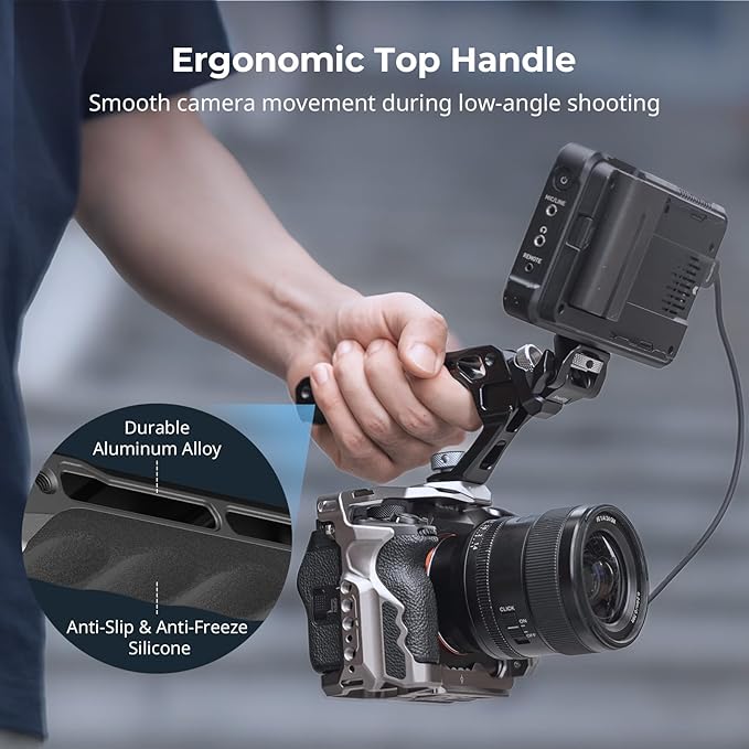SMALLRIG Top Handle with Monitor Mount Kit, with 3/8"-16 Locating Holes for ARRI, 1/4"-20 Threaded Hole, 5 Built-in Cold Shoe, 360° Swivel and 180° Tilt Adjustable, Anti-Twist Design - 5323