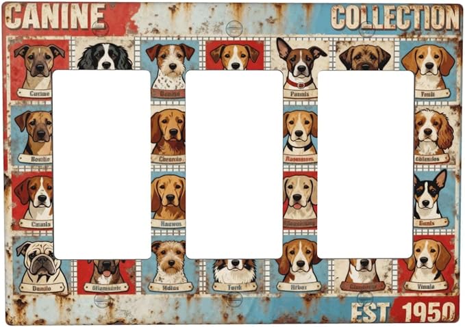 Bvtewkhz Dogs Funny Puppy Pets Vintage 3 Gang Triple Rocker Decorative Outlet Covers Light Switch Plate Electrical Receptacle Switchplate For Bathroom Kitchen Bedroom