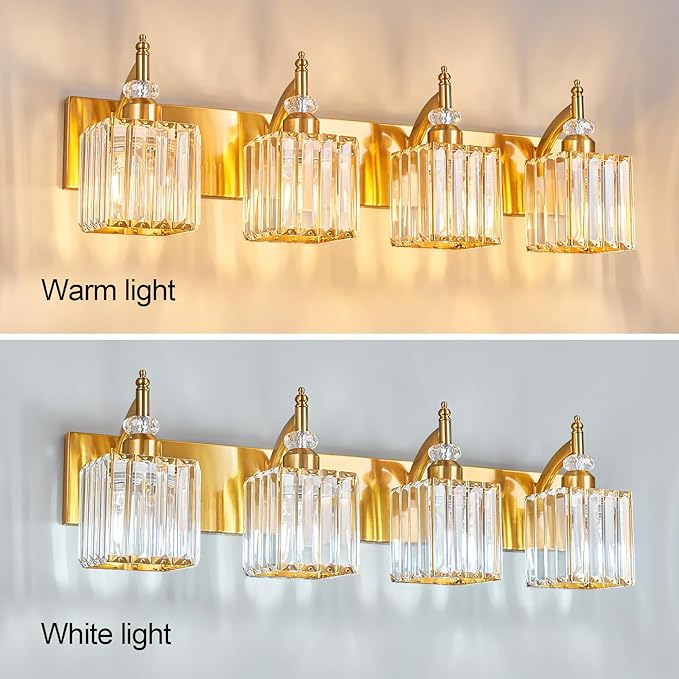 BBLLWJ Modern Bathroom Vanity Light 4-Light Gold Crystal Light Fixtures Over Mirror for Bathroom Wall Sconce