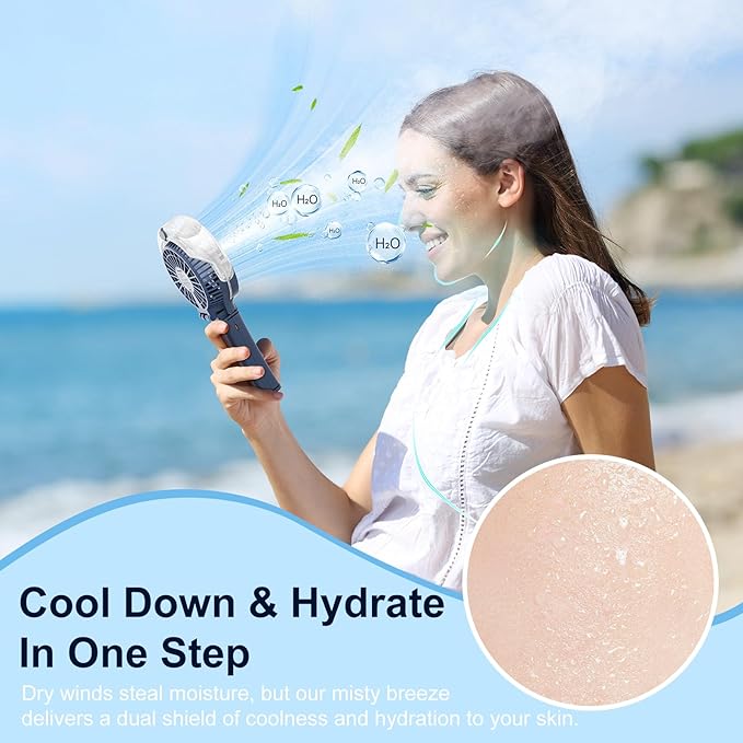 HandFan Upgraded Portable Handheld Misting Fan, Rechargeable Personal Mister Fan, Spray Water Mist Fans, Foldable Mini Cooling Hand Fans for Summer Beach Travel Concerts, Gifts for Women(Royal Blue)