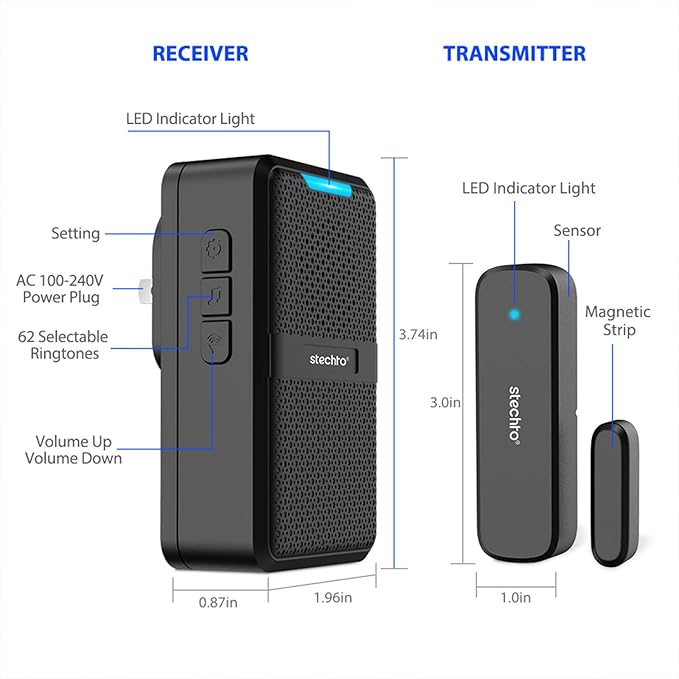 STECHRO Wireless Door Chime, 600Ft Range 5 Adjustable Volume 1 Magnetic Door open Contact Alarm with 62 Chimes Mute Mode Door Bell Plugin Receiver for Home/Office/Store (Black)