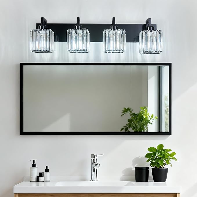 FDPBY Modern Bathroom Vanity Light 4-Lights Plating Black Vanity Light Crystal Wall Light Bathroom Light Fixtures