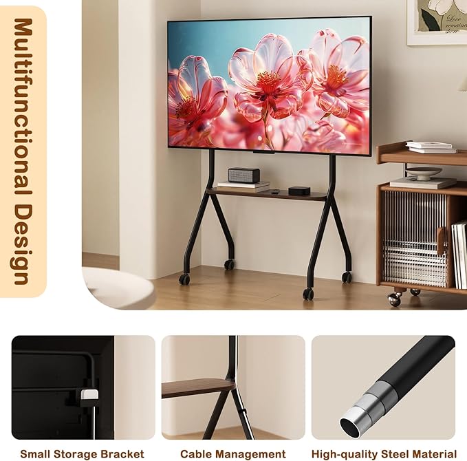 CVDF Rolling TV Stand for 49-75 Inch LCD LED OLED Flat/Curved Panel Screen TVs, Mobile TV Stand with Wheels, Height Adjustable TV Floor Stand, Holds up to 110 Lbs, Max VESA 600 x 600 mm, Black