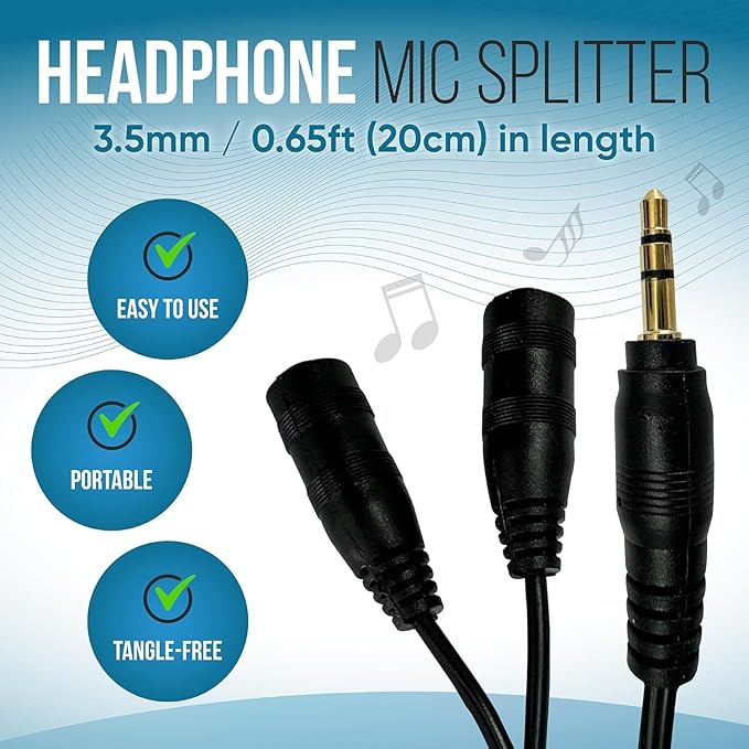 Tempting Table 3.5 mm Headphone Jack to Two 3.5 mm Speaker and Headphone AUX Audio Cable Splitter, Black