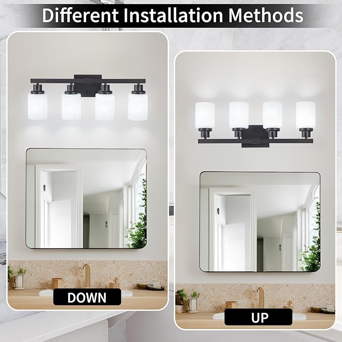 DIKAIDA Bathroom Light Fixtures, 4-Light Matte Black Bathroom Vanity Lights with Milky White Glass Shade, Bathroom Lights Over Mirror Wall Lamp Sconces for Mirror Bedroom, Living Room Hallway