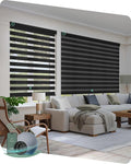 Yoolax Motorized Zebra Blinds Compatible with Alexa, Smart Dual Layer Shades with Privacy Light Control, Electric Horizontal Window Blind Customized Size for Home Office (70% Shading - Wool Black)