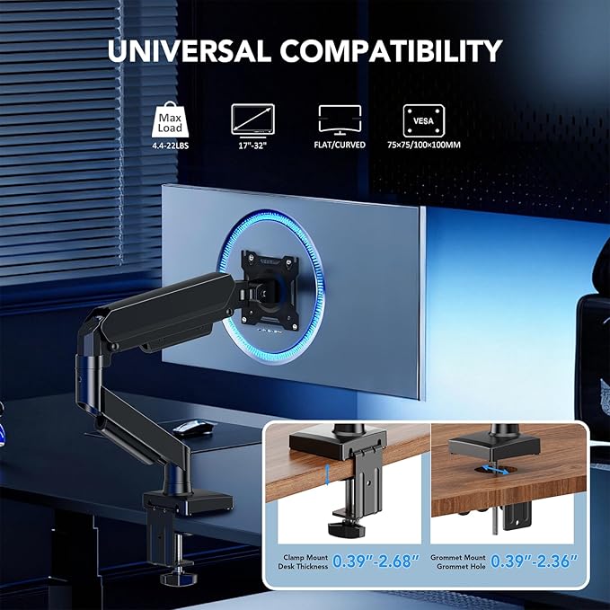 Single Monitor Arm, Monitor Mount for 17-32 inch Screens Gas Spring Adjustable Monitor Stand, Vesa Mount with Clamp and Grommet Aluminum Base - Fits 4.4 to 22lbs LCD Computer Monitors AX09DB01