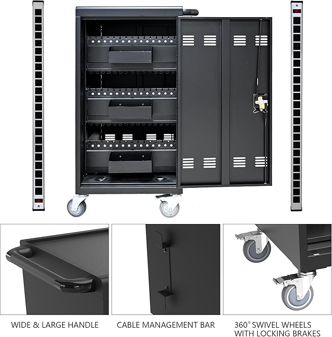 OFLILAK 45-Device Mobile Charging Cart with Charging Power Strip and Front and Rear Access Locks, Cable Management, Up to 17"", Safe Charging Cabinet for Ipads, Chromebooks, Tablets, Laptops Black