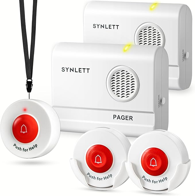 SYNLETT Caregiver Pager Wireless Nurse Call Button for Elderly Home Monitoring Alert System Portable Alarm Bell Seniors Patients Emergency 3 Call Buttons, 2 Pagers