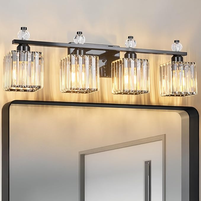 FDPBY Vanity Lights 4-Light Modern Crystal Vanity Light Plating Black Bathroom Light Fixtures Over Mirror Crystal Bathroom Vanity Lighting Fixtures