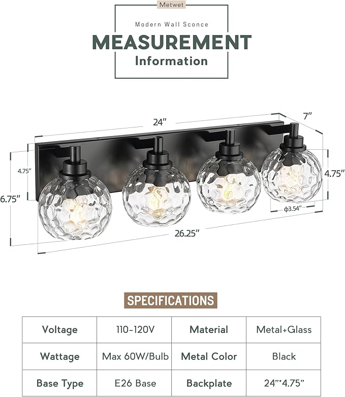 METWET Bathroom Light Fixtures Over Mirror, 26" Matte Black Vanity Light with Clear Hammered Glass Globe Shade, 4-Light Modern Sconces Wall Lighting for Bedroom Hallway, VL200-MB-CL-4