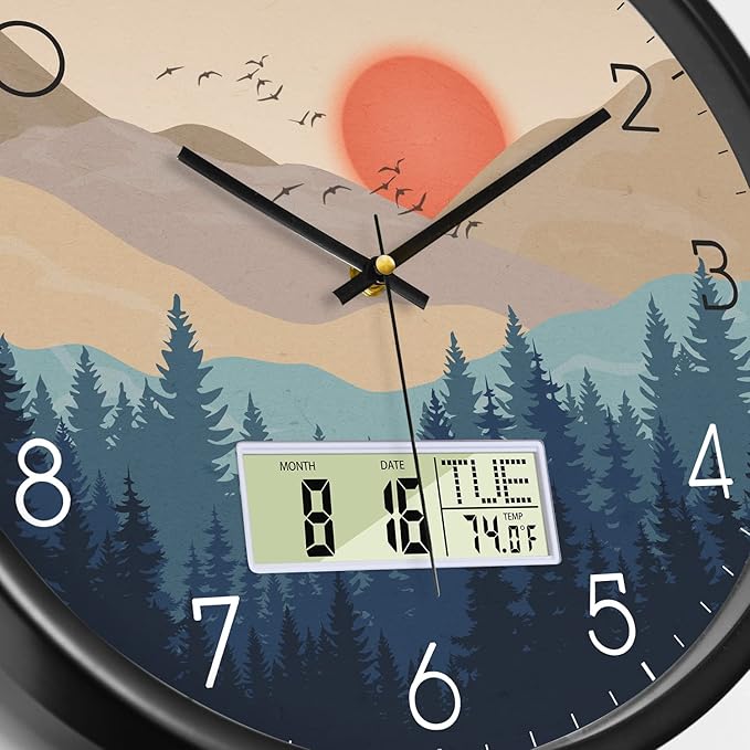 Silent Wall Clock with Day Week Temperature Wilderness with Sunset Non-ticking Battery Operated Large Digital Modern Clocks Display with Calendar and Date for Kitchen Farmhouse Bathroom Office 14 Inch