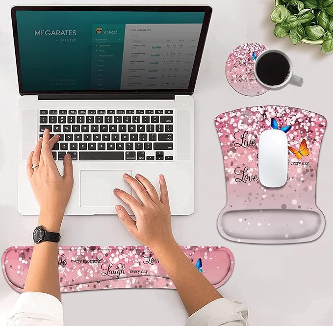 Ergonomic Mouse Pad Wrist Support and Keyboard Wrist Rest Set with Coasters, Non-Slip PU Base, Easy Typing & Pain Relief, Perfect for Home Office Working Studying, Glitter Quote Live Laugh Love