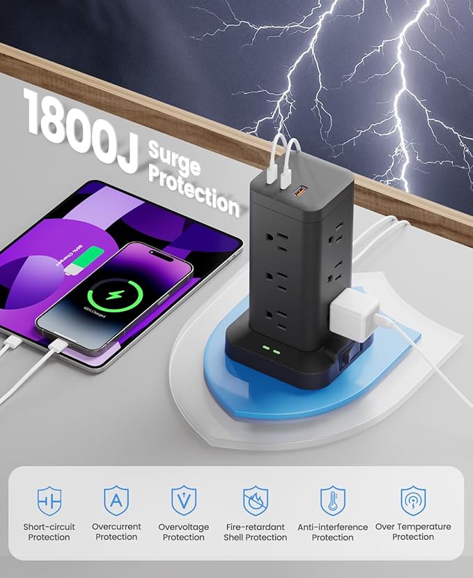 Tagzilo 15-in-1 Power Strip Tower with Surge Protector 1800J, Fast Charging Tower PD20W USB-C Ports with 12 AC Outlets, 9.8ft Extension Cord for Home Office Dorm Room, Black