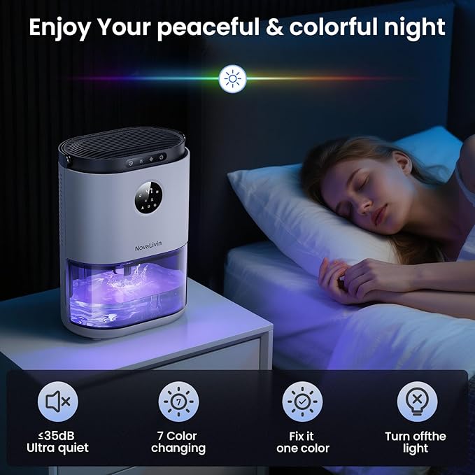 Dehumidifier for Home, 68 OZ Water Tank Dehumidifiers for Bathroom, Bedroom, Living room with, Auto Humidity Control, Digital Display, 7 Color Breathing Light, White