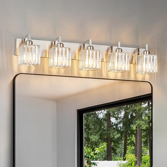 FDPBY Modern Bathroom Vanity Light 5-Lights Brushed Nickel Vanity Light Crystal Wall Light Bathroom Light Fixtures