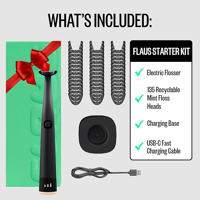 FLAUS Electric Flosser (Oprah's List, Shark Tank) 3 Speeds + 135 Refill Heads Variety Pack (Extra Strong Woven & Gentle Gliding) Water Flosser Alternative, Dentist Tooth Flossers Dental Floss Picks