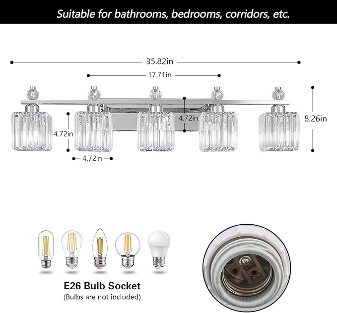 FDPBY Vanity Lights 5-Light Modern Crystal Vanity Light Chrome Bathroom Light Fixtures Over Mirror Crystal Bathroom Vanity Lighting Fixtures